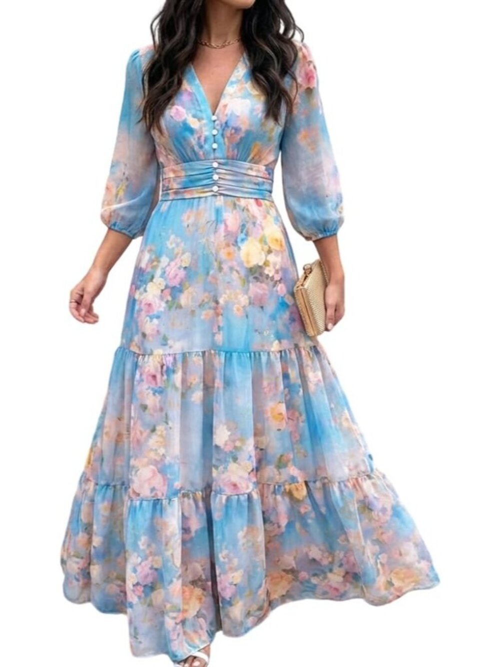 〽️Women’s Light Blue Boho Maxi Sundress Shirred Back Tiered Puff Sleeve